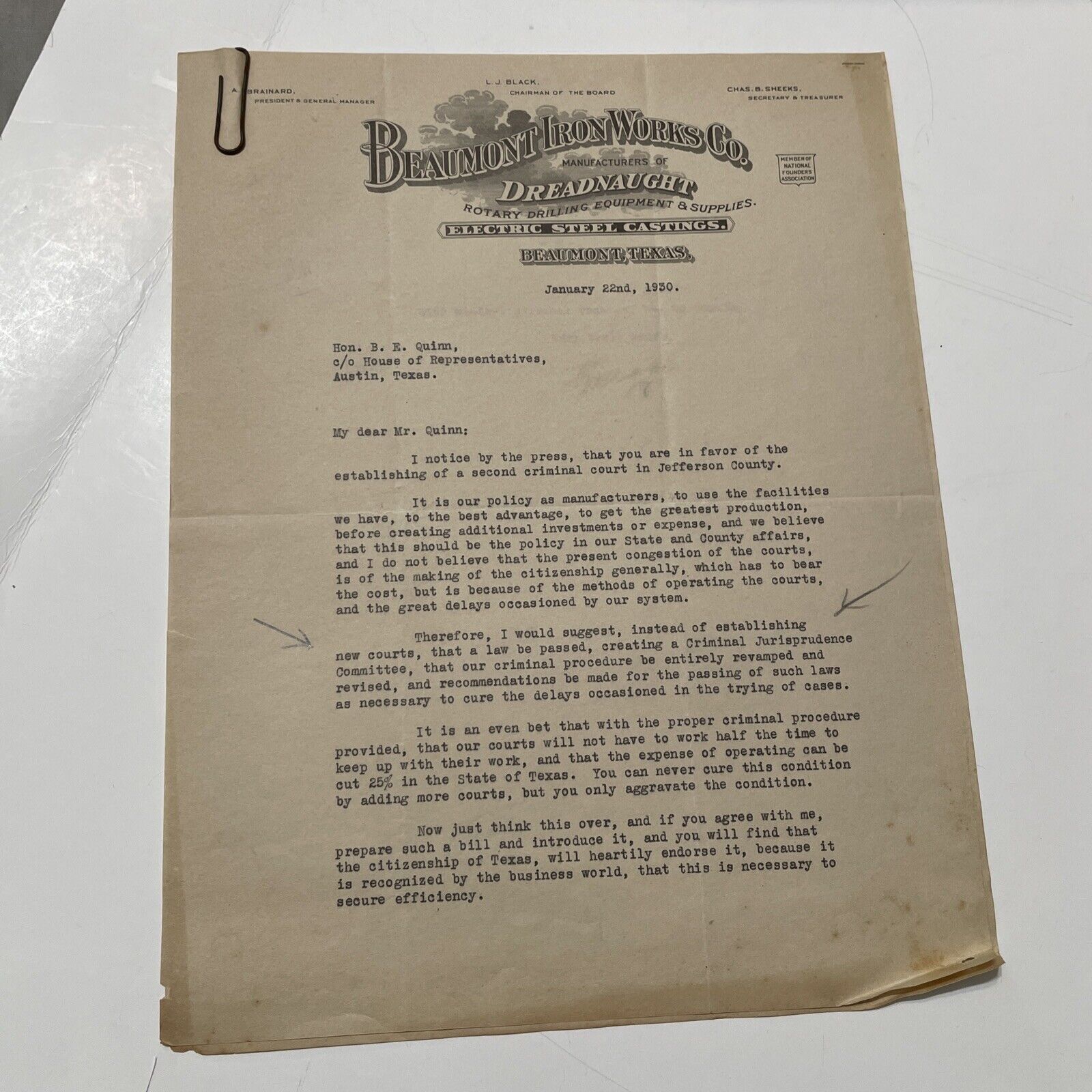 Beaumont Iron Works Drilling Equipment Mfgrs letter 1930 Dreadnaught drilling