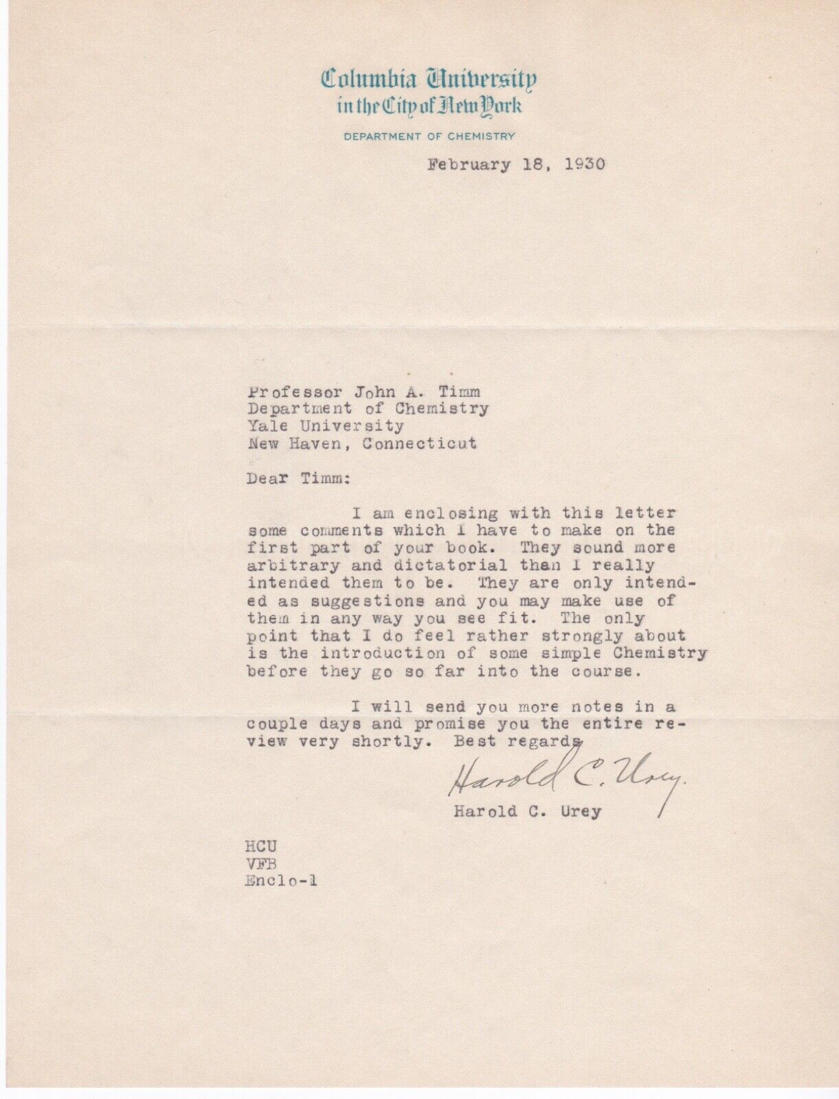 Harold C. Urey Signed Letter (1934 Nobel Prize in Chemistry)