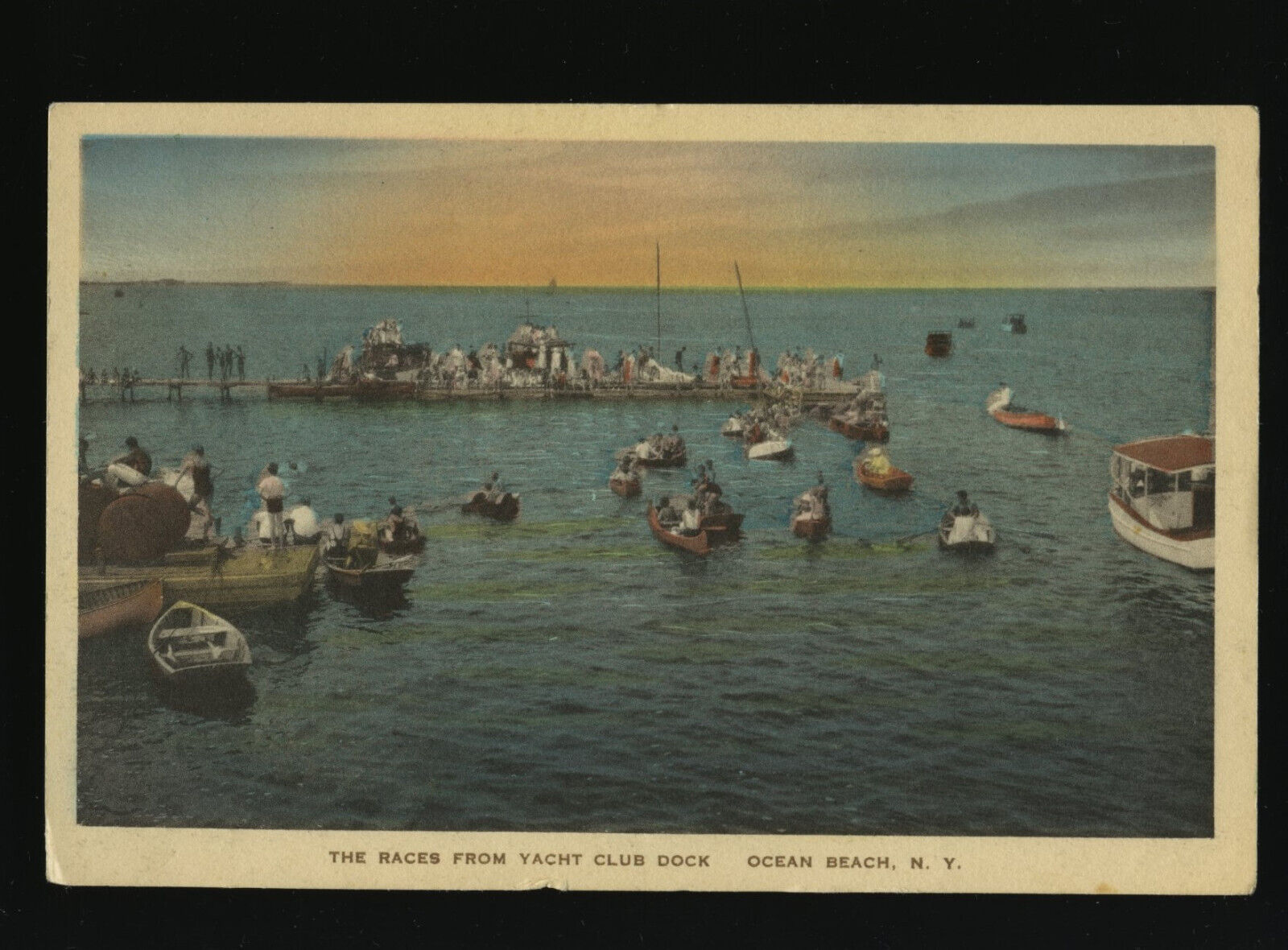 New York Hand Colored Postcard Ocean Beach Fire Island Yacht Races Dock
