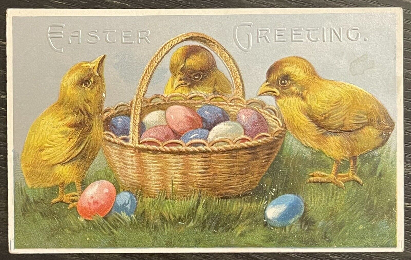 c1910’s Easter Greeting Vintage Postcard: Chicks, Basket, Eggs, Silver Back