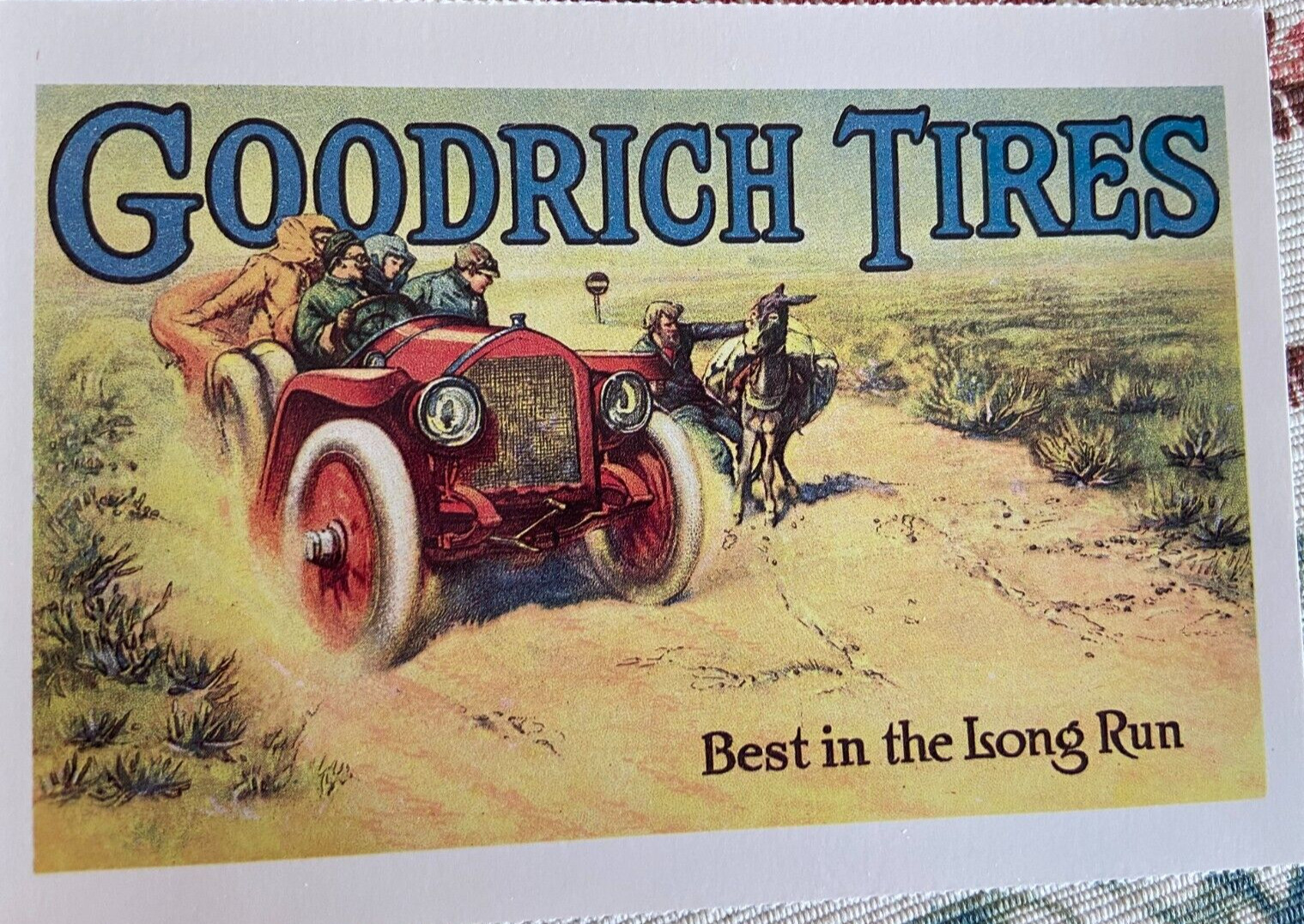 vintage advertising  postcard Goodrich tires red car horse