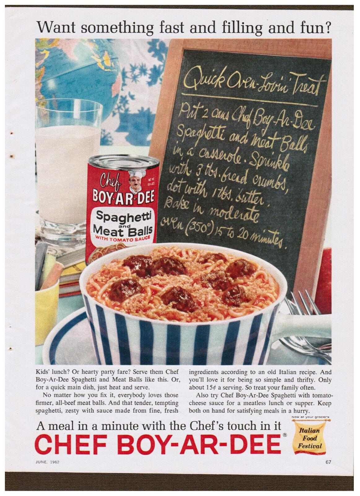 Vtg Chef Boy-Ar-Dee Spaghetti & Meatballs Original Print Ad June 1962