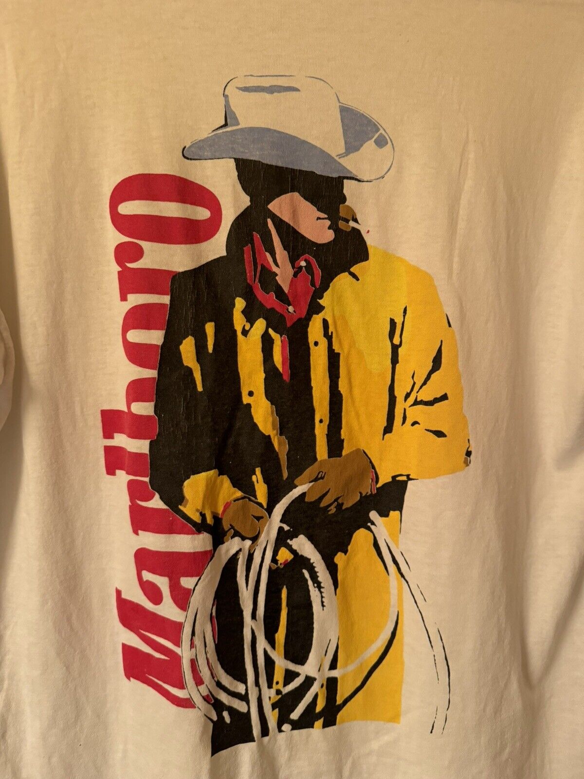Vtg. 90s Marlboro Cowboy Western Graphic T-shirt Back w/ Logo POCKET Sz XL White