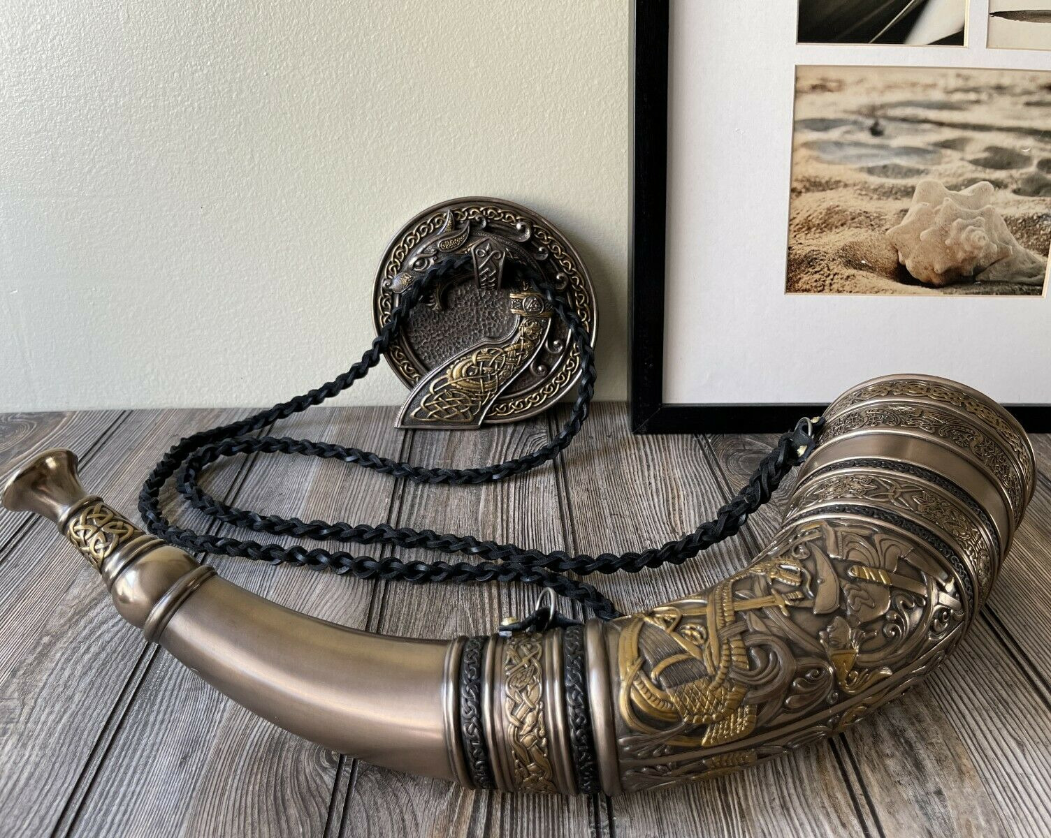 Custom Made Cold Cast Bronze Gothic Viking Horn With Dragon Wall Mount Set