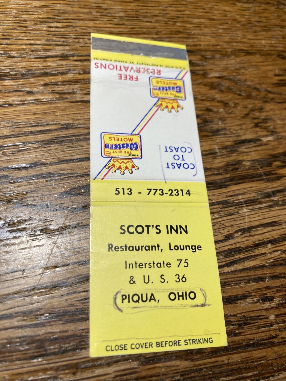 Best Western Scott’s Inn, Piqua, Ohio Matchbook Cover