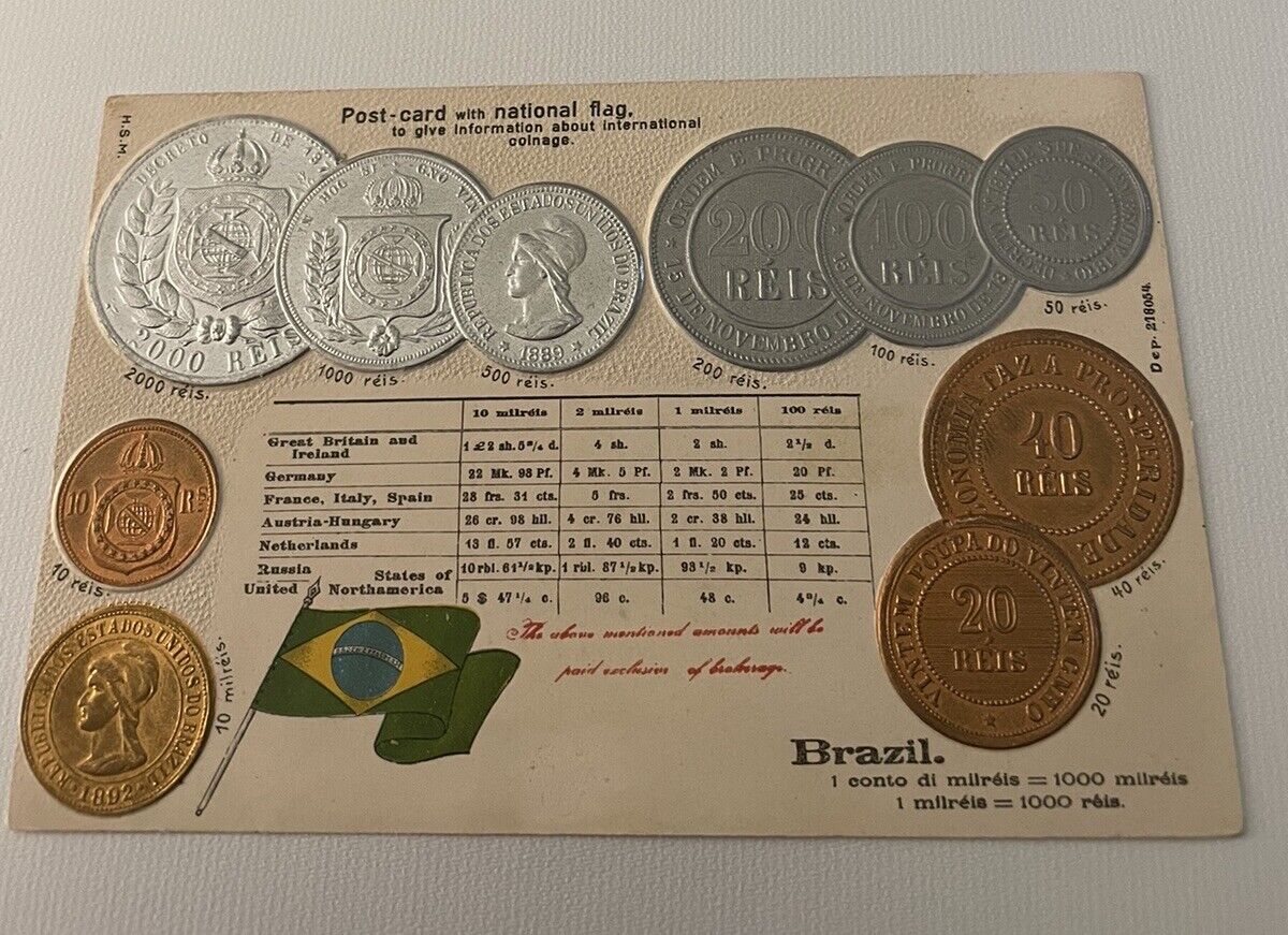 Embossed coinage national flag & coins vintage postcard currency Brazil