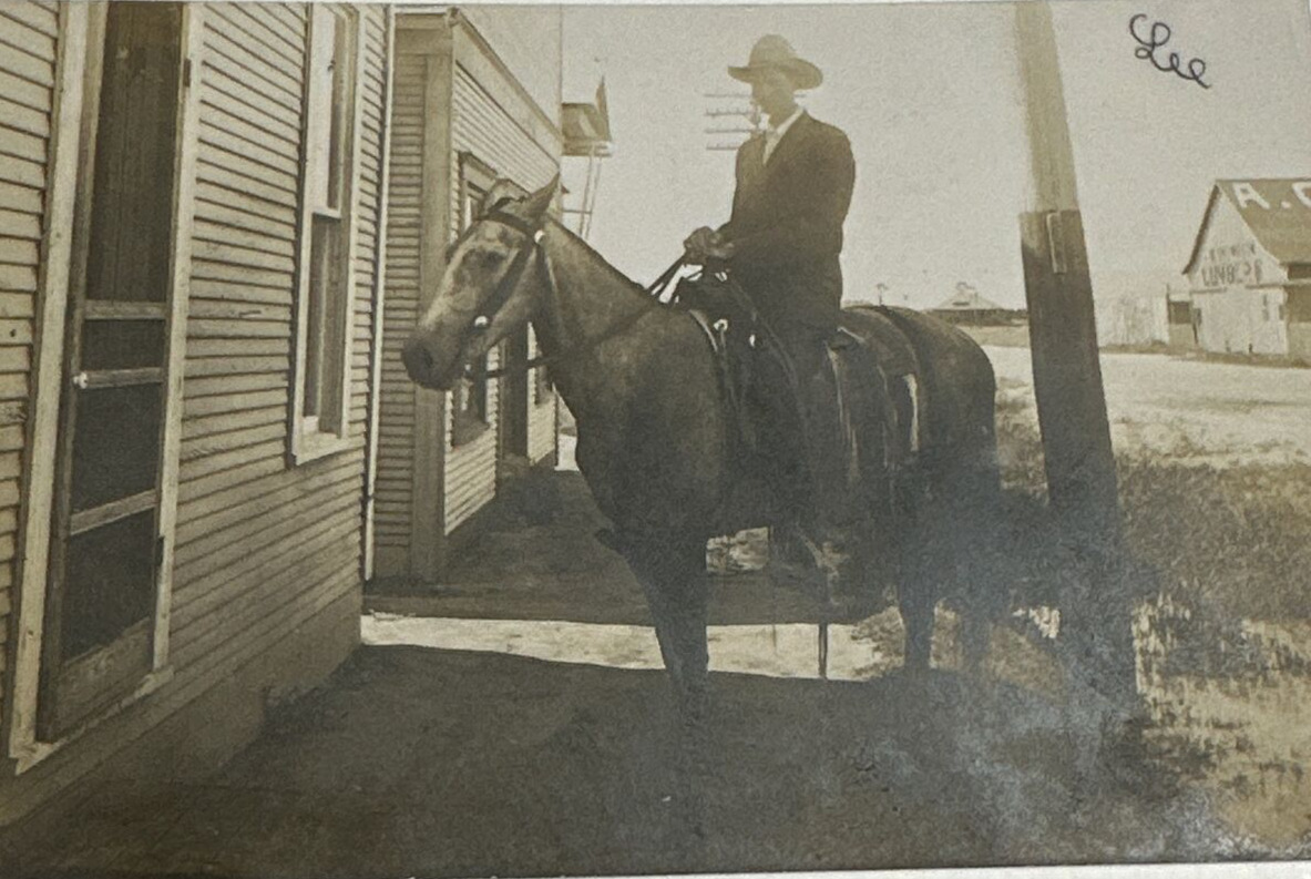 Antique RPPC Postcard Hereford Texas Man & His Horse By Lumber Yard