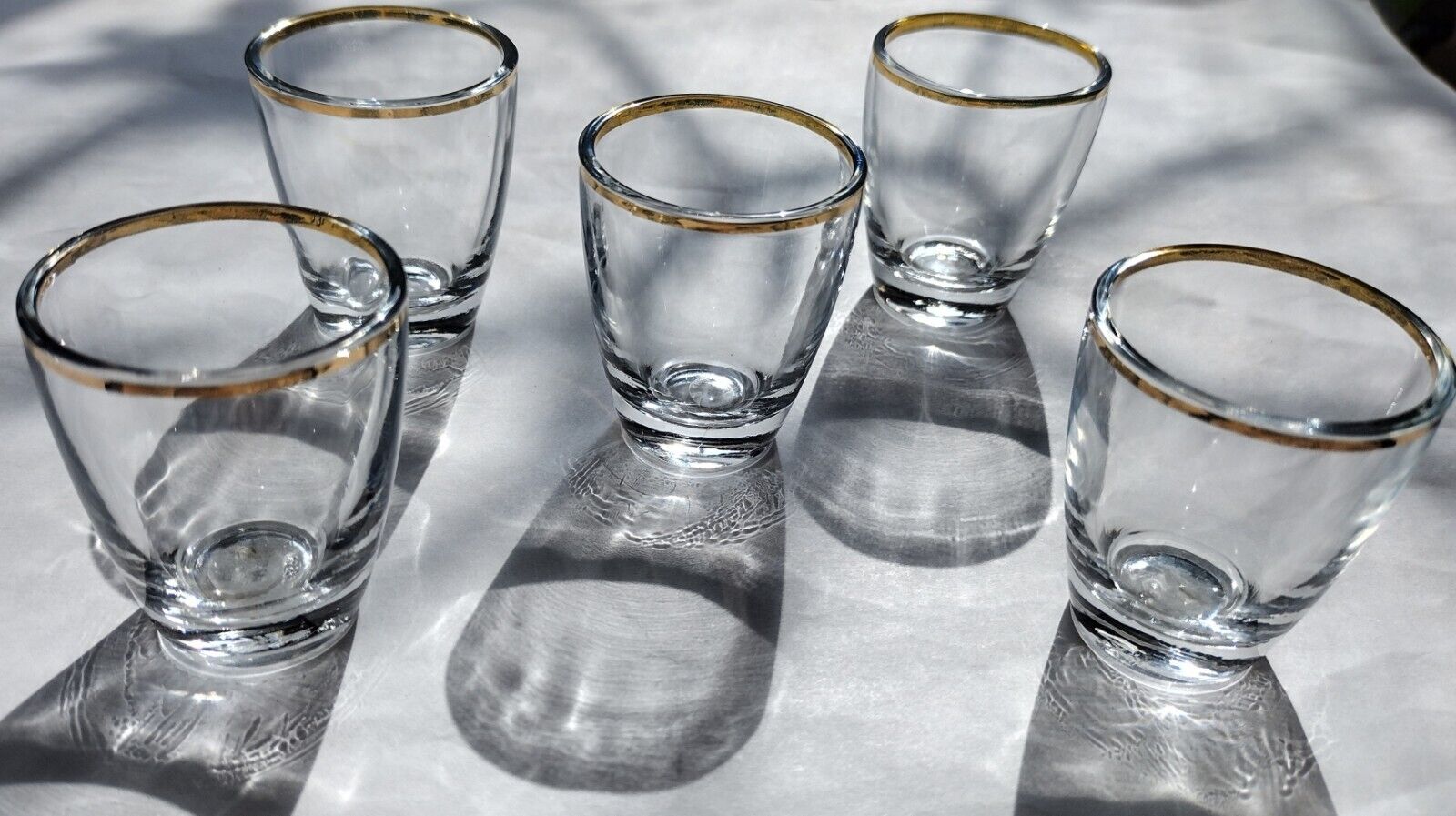 Vintage Set Of 5 Mini Clear Round Gold Rim Shot Glasses