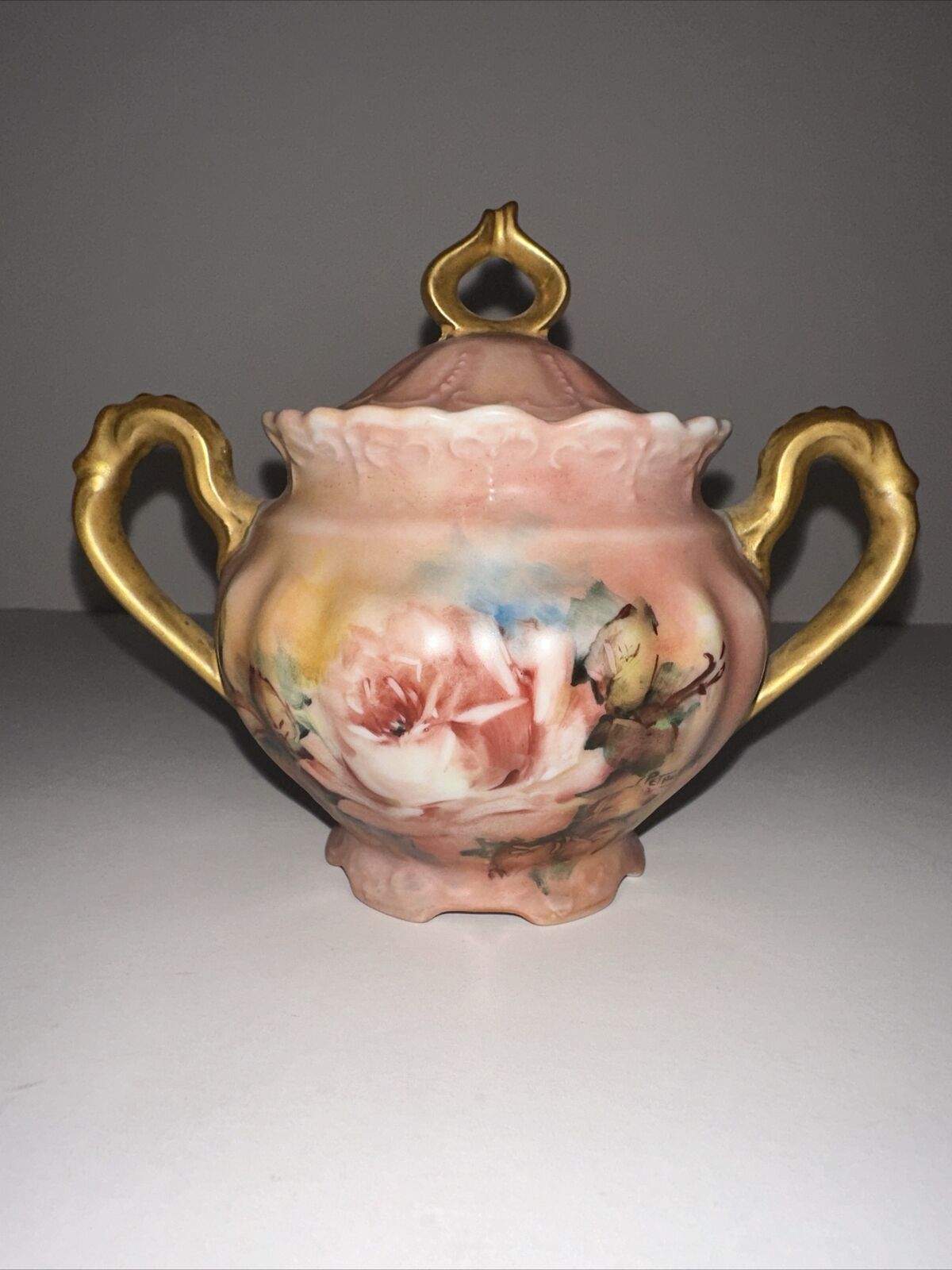 Antique R S Porcelain Sugar Bowl Pink Gold With Roses