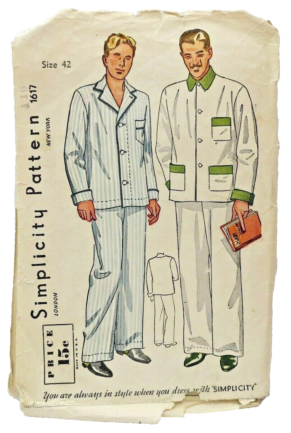 1930s Simplicity Sewing Pattern 1617 Mens 2-Pc Pajamas Sz 42 Sleepwear Antq 5356