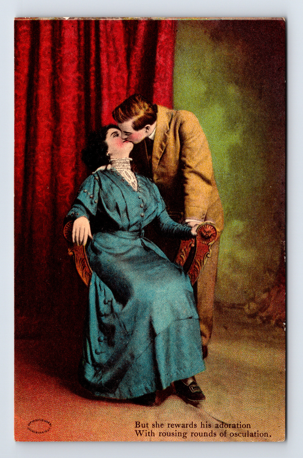c1908 Romance She Rewards His Adoration With Rounds of Osculation Postcard
