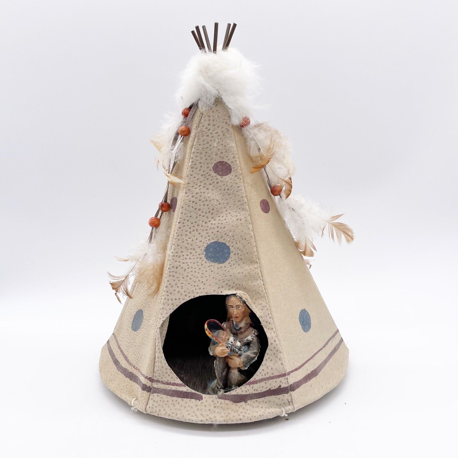 Vintage Detailed TeePee Native American Tent Canvas Model Feathers bead Handmade