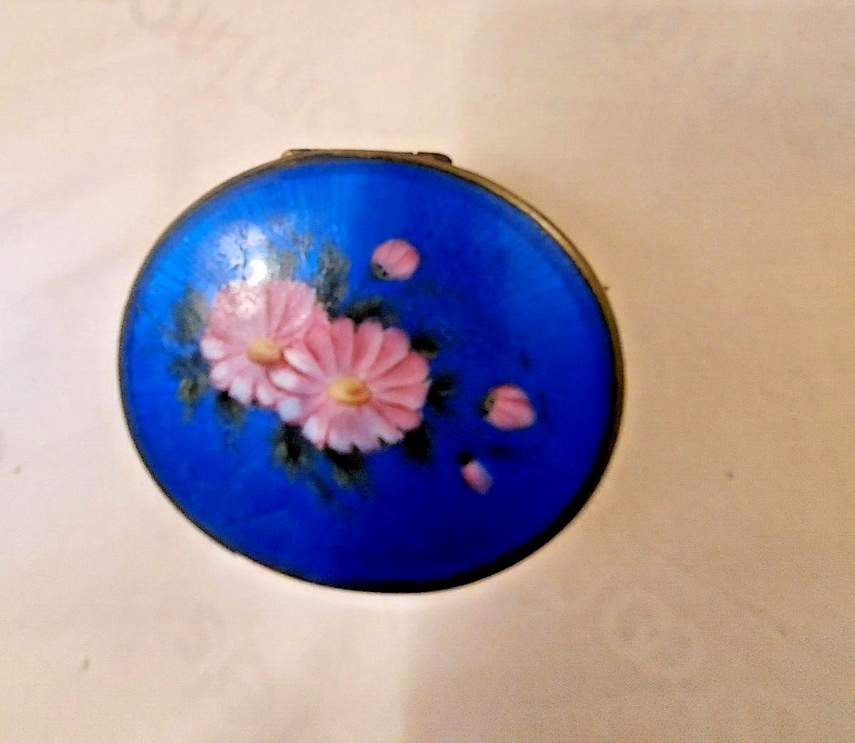 Vintage Blue Enamel Pink Flower Design 1930s Ladies Compact