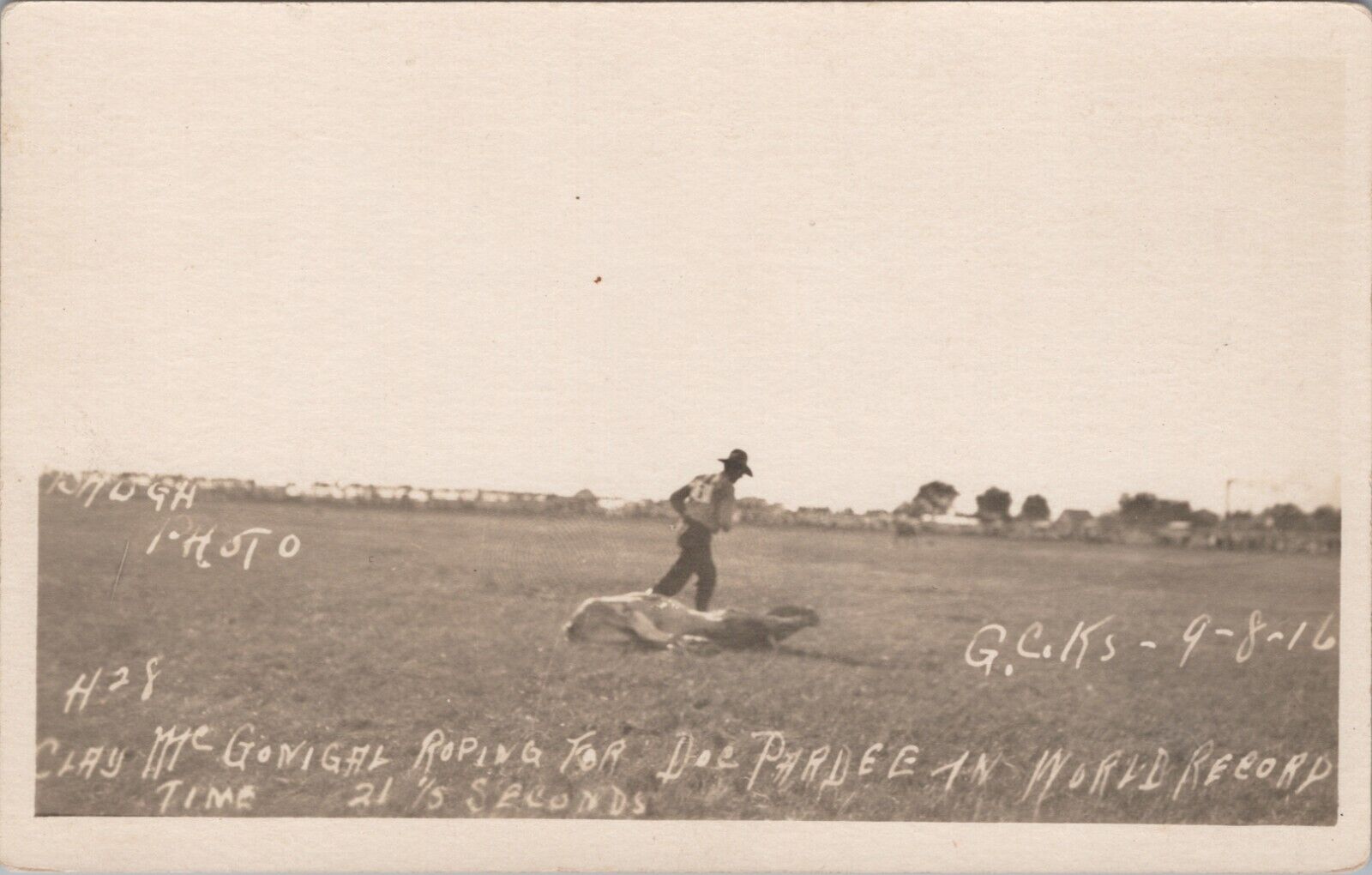 RPPC Brugh Photo Rodeo Clay McGonigal Ropes Garden City KS  1916 World Record