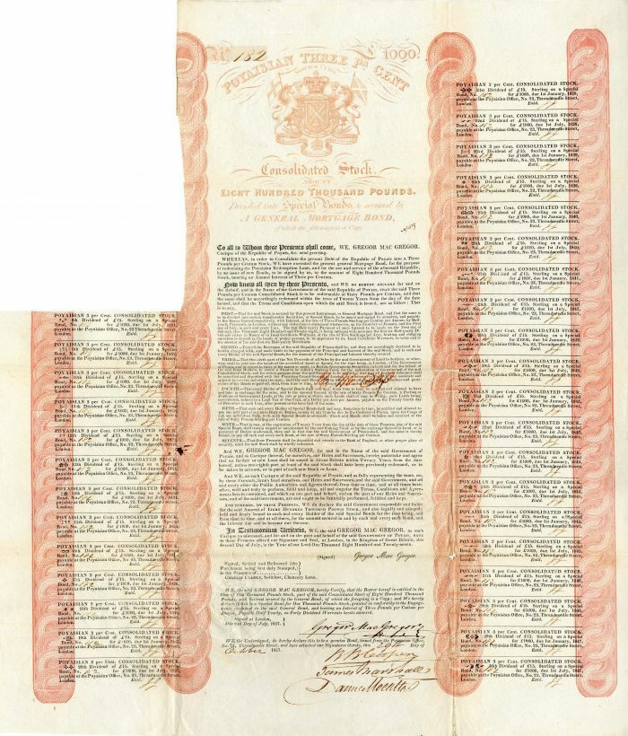 Poyaisian Bond signed by Gregor Mac Gregor - Fraudulent 1,000 Bond - Great Histo