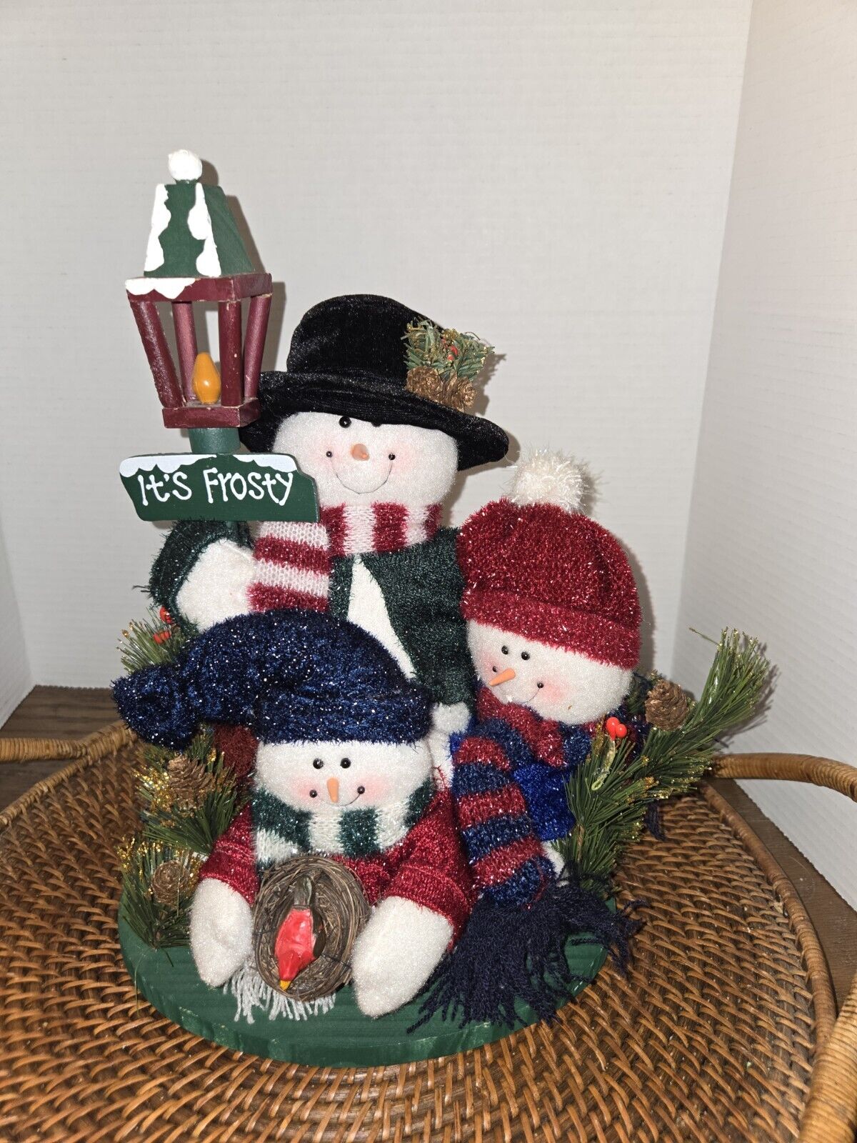 Plush Snowman Family Setting Its Frosty Wooden Display Table Christmas Decor 