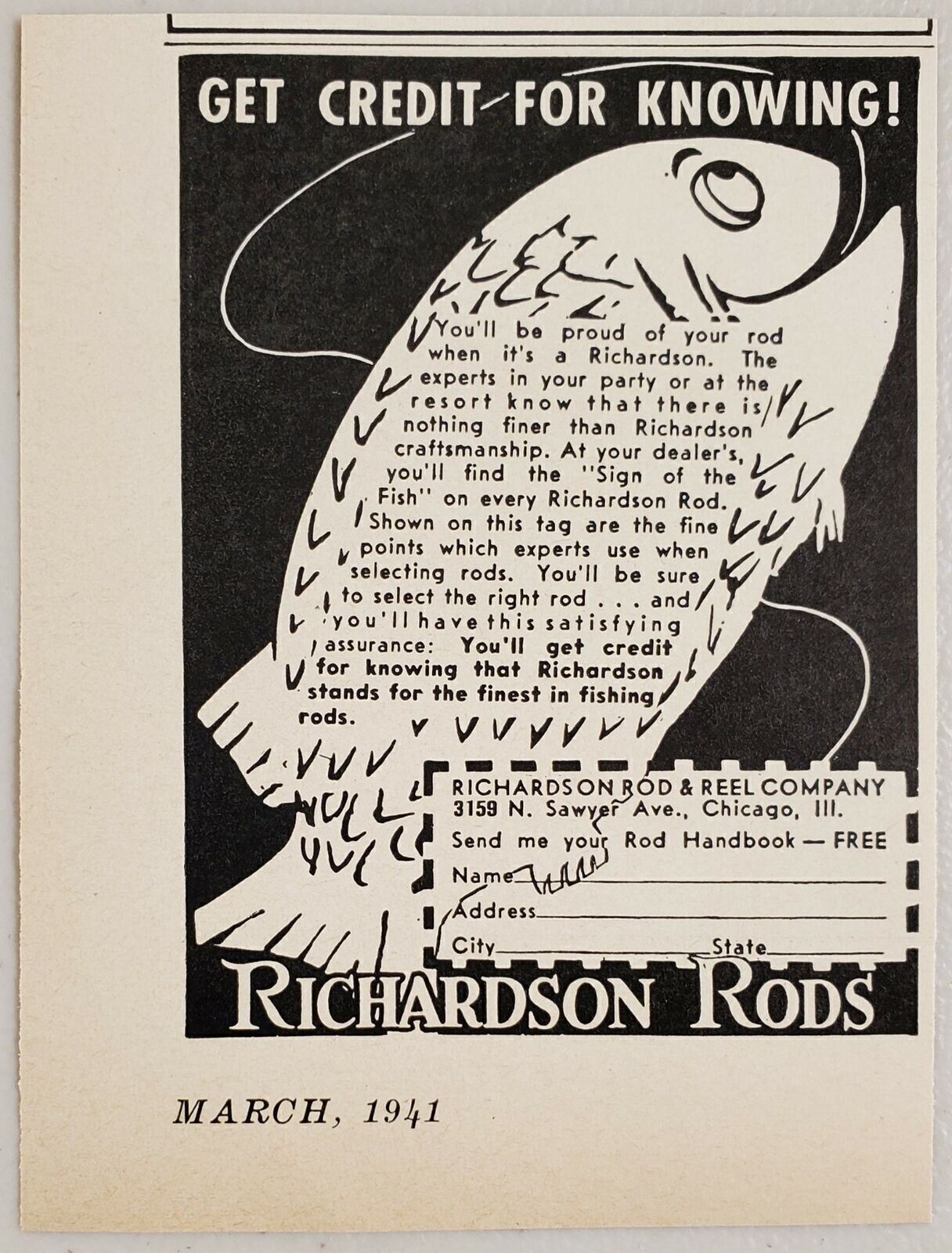 1941 Print Ad Richardson Rods & Fishing Reels Made in Chicago,Illinois