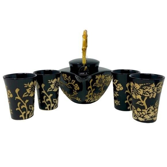 Beautiful Vintage Asian Black and Beige Floral Design Teapot Set. 5pc.