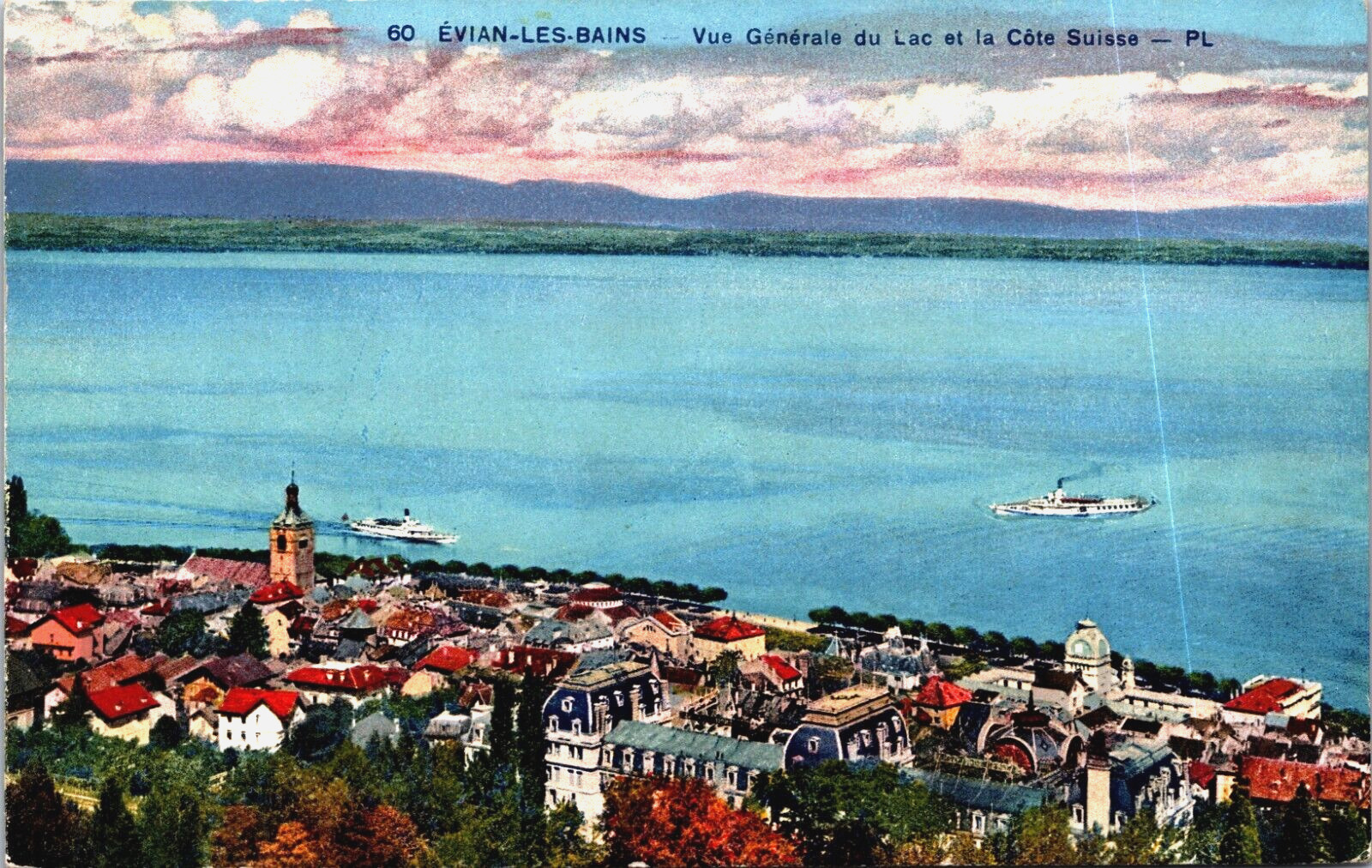 France Évian-les-Bains Vue Générale du Lac et Côte Suisse Vintage Postcard B174