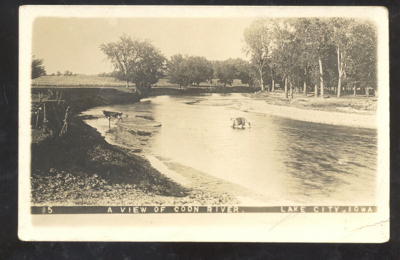 RPPC LAKE CITY IOWA COON RIVER VIEW VINTAGE REAL PHOTO PSOTCARD 1912 CRABTREE