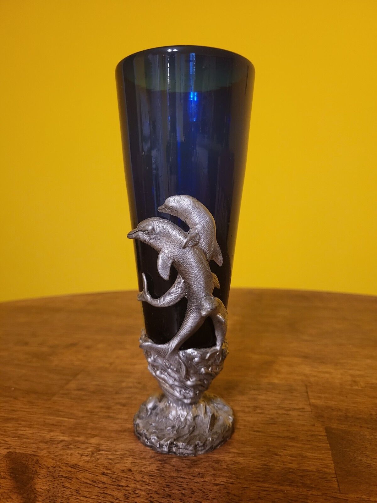 Vintage Ballena Bay Heavy Pewter Dolphin Blue Glass Wine Cup Vintage Goblet