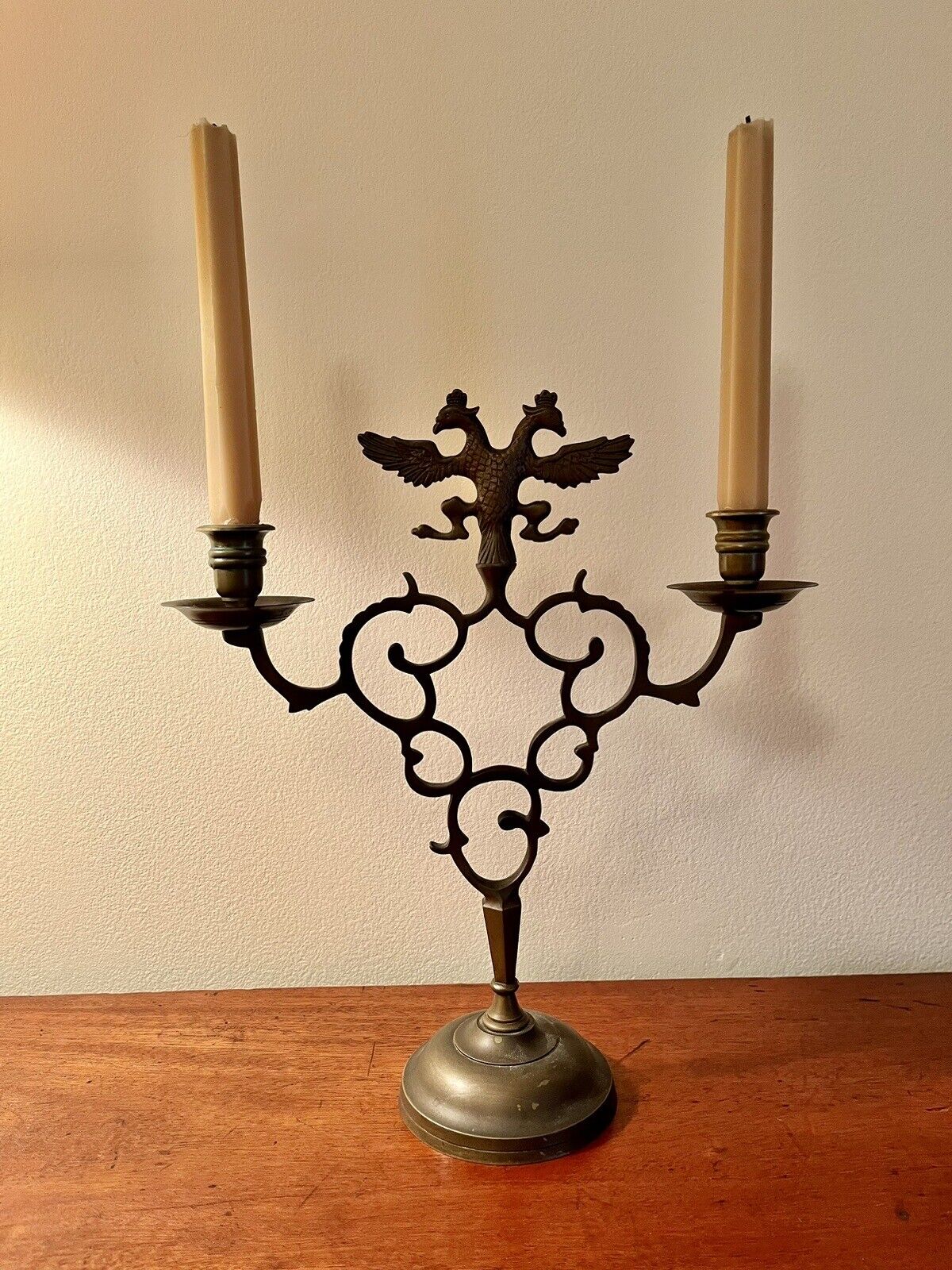 Vintage bronze double headed eagle candelabra from German/Polish home, 1920s