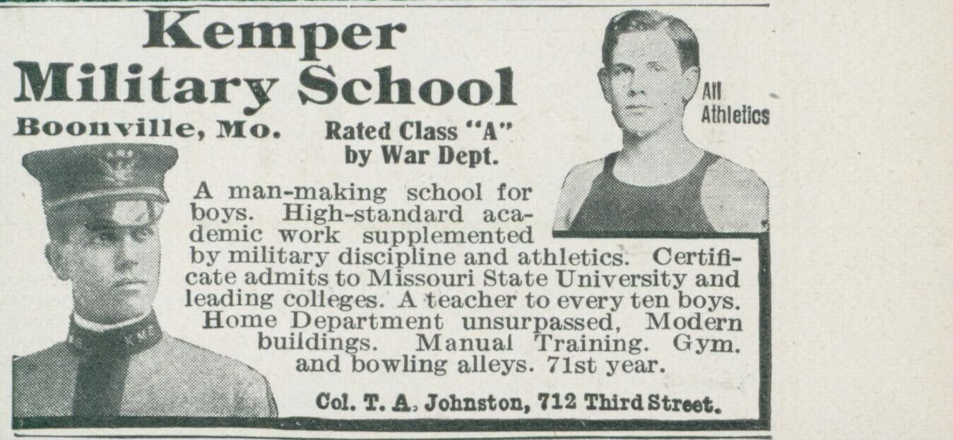1914 Kemper Military School Boonville MO Class A By War Dept Vtg Print Ad CO3
