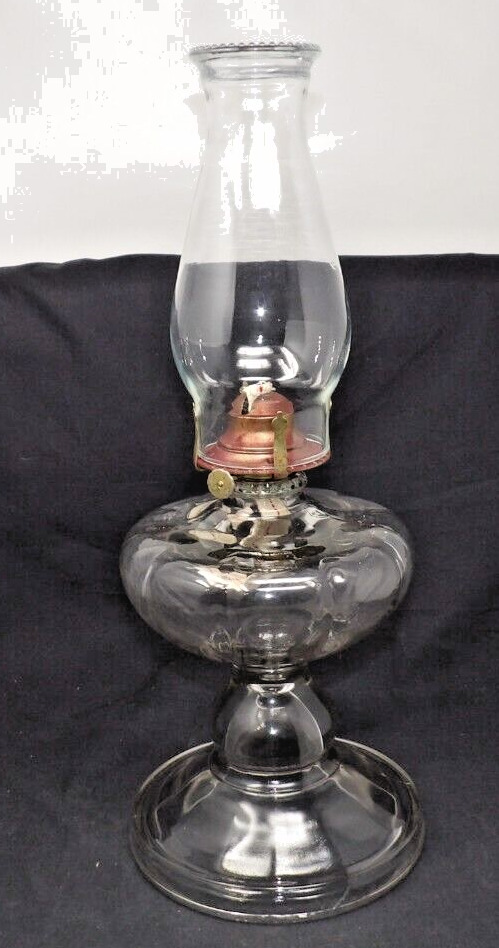 Vintage Antique Large Blown Glass Table Oil Lamp w/Beaded Chimney 18 1/2\
