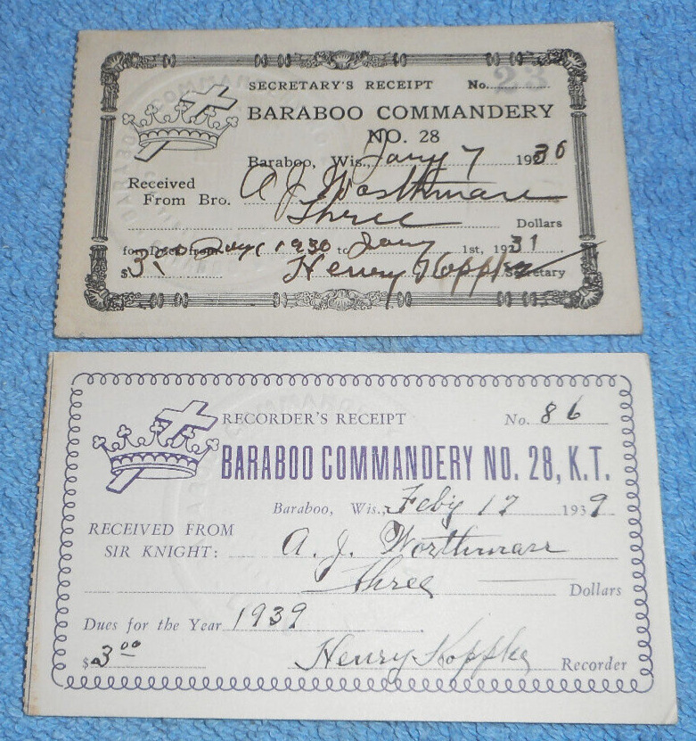 Two 1930s Knights Templar Baraboo Commandery #28 Wisconsin Member Dues Cards