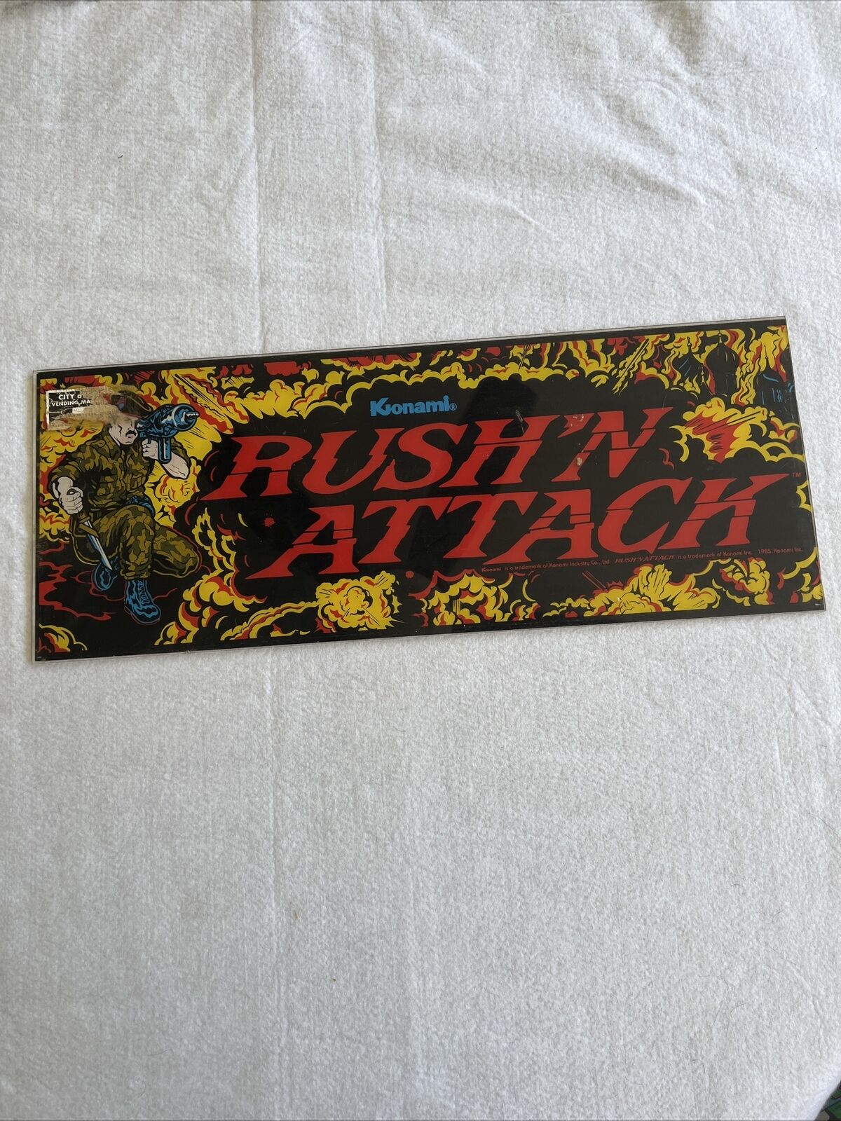 1985 Original Rush N’ Attack  plexi marquee Konami Vintage Sign *Read