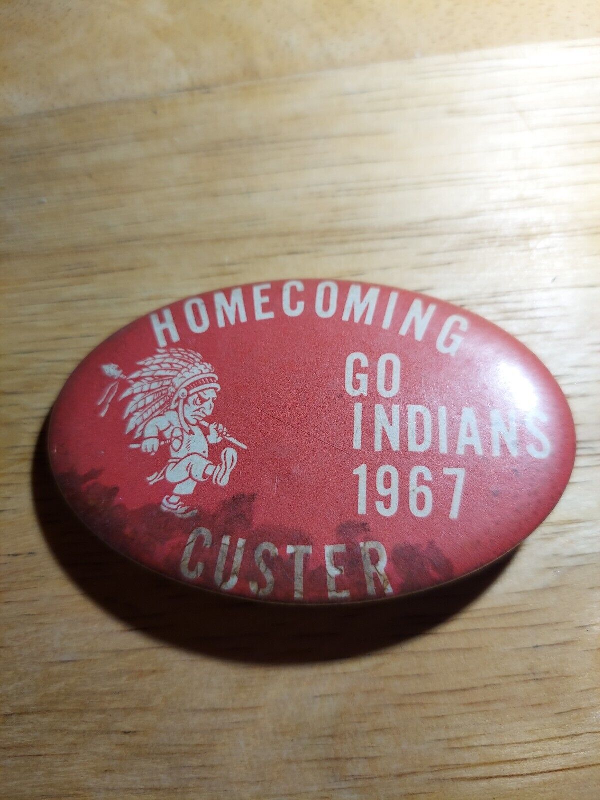 Vintage Go Indians 1967 Homecoming Custer Oval Pinback Button