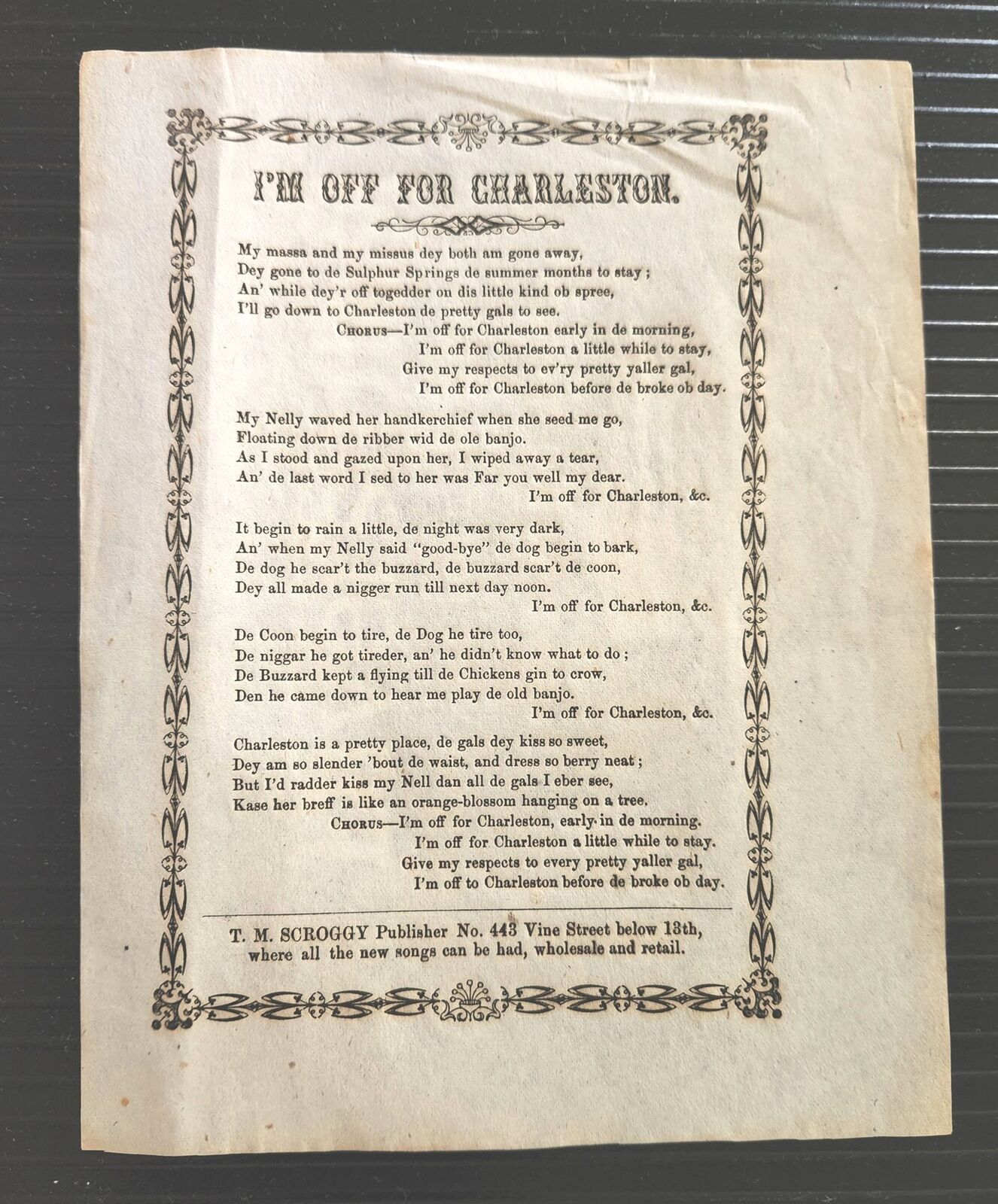 1850s antique BROADSIDE music I\'M OFF FOR CHARLESTON scroggy RARE