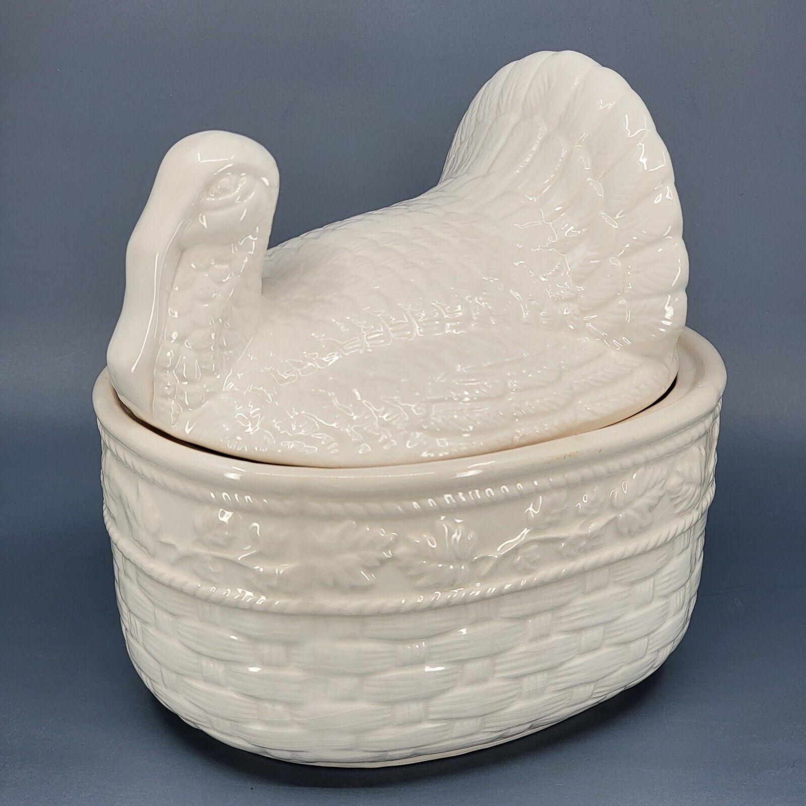 Vintage White Ceramic Turkey on Basket Stuffing Container Thanksgiving Poultry