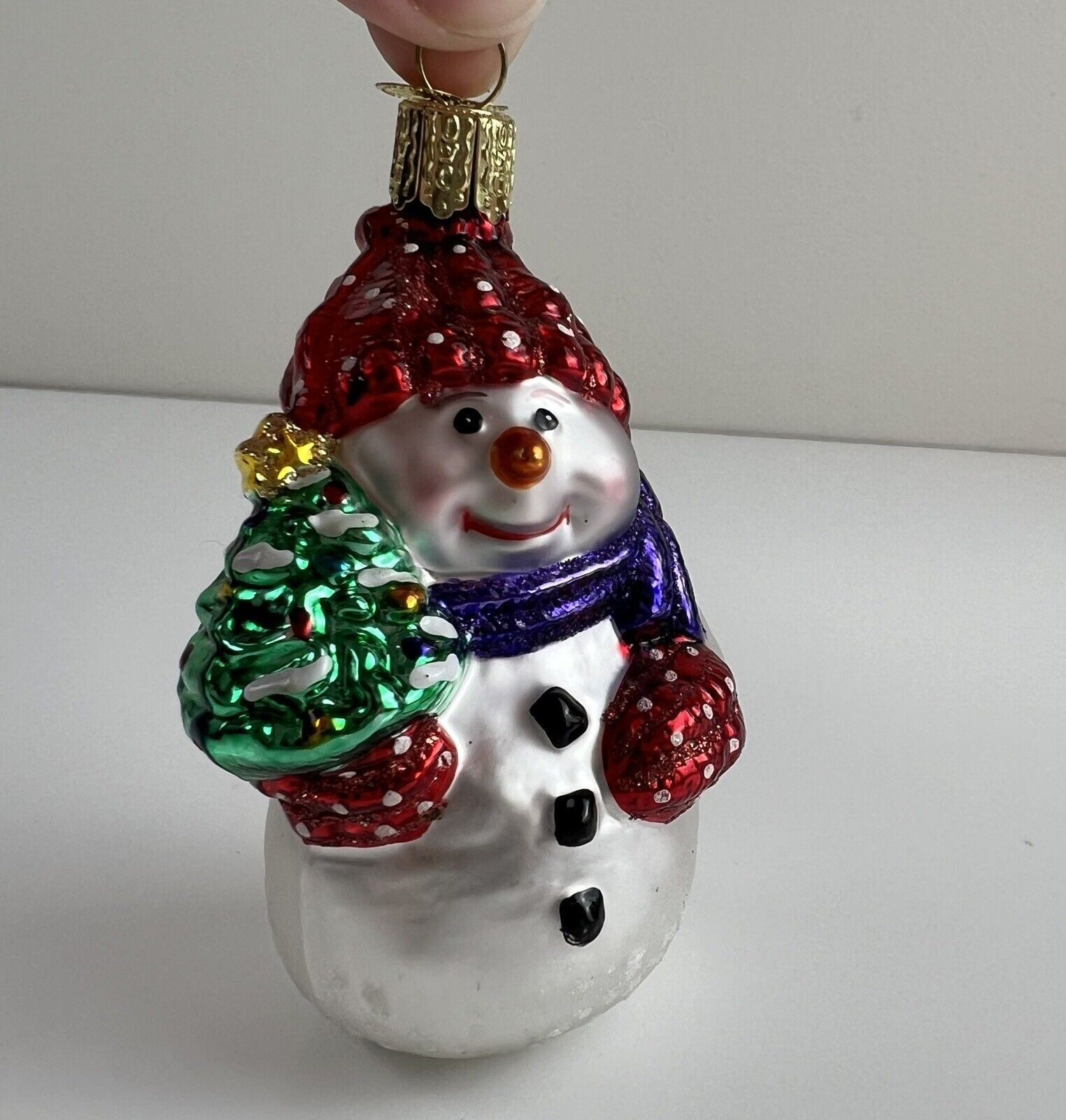 Vintage Old World Christmas Blown Glass Snowman W/ Christmas Tree Ornament