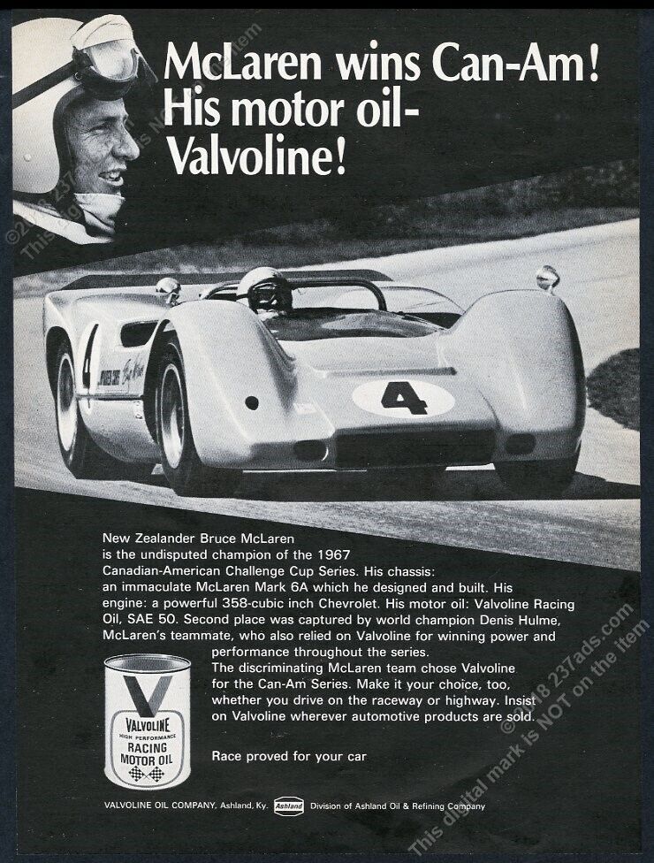 1968 Bruce McLaren photo and race car Valvoline motor oil vintage print ad