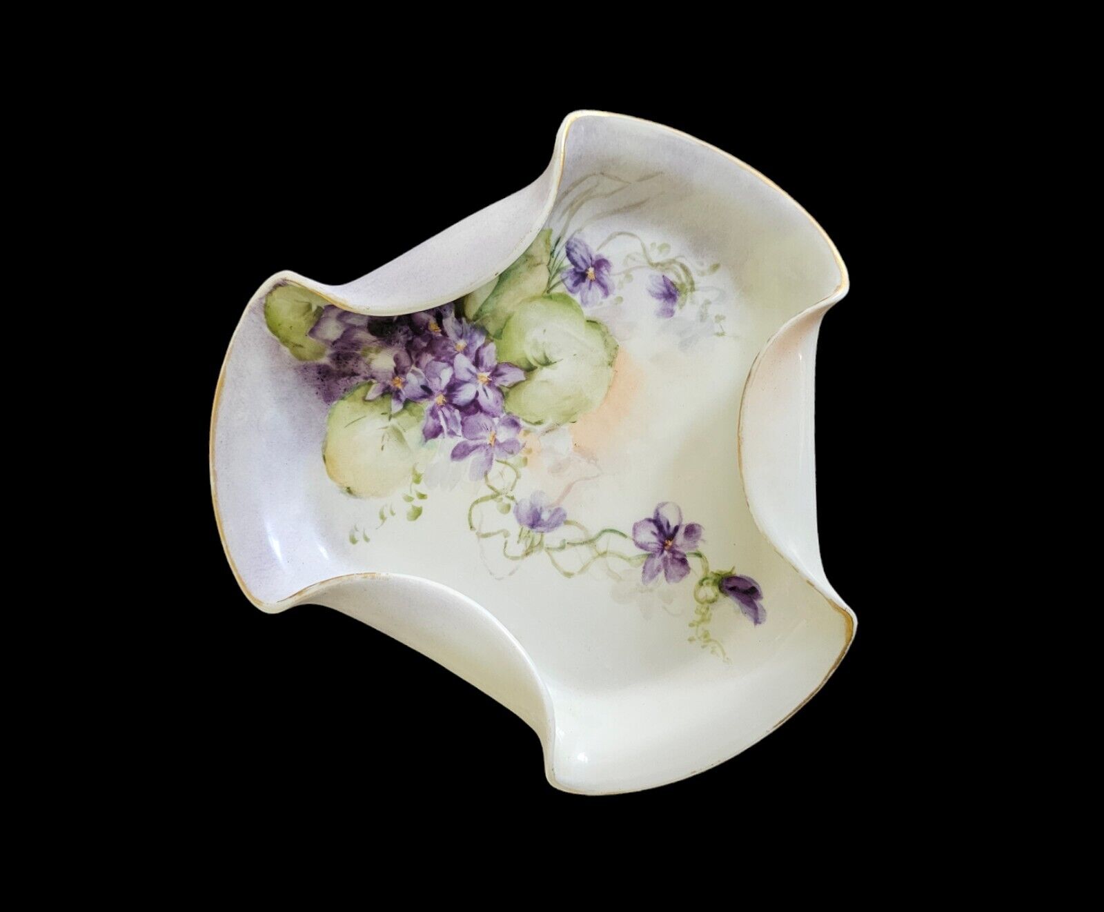 Antique Limoges Coiffe et Cie Tri Fold French Porcelain Dish Handpainted Violets