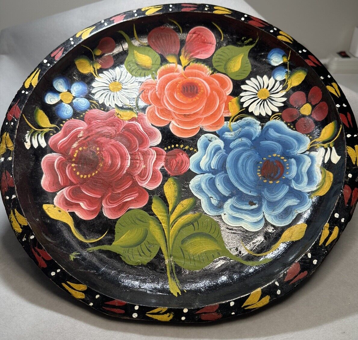 Colorful Mexican Hand Painted Batea Tole Tray Vintage Wood Folk Art Bowl 11 Inch