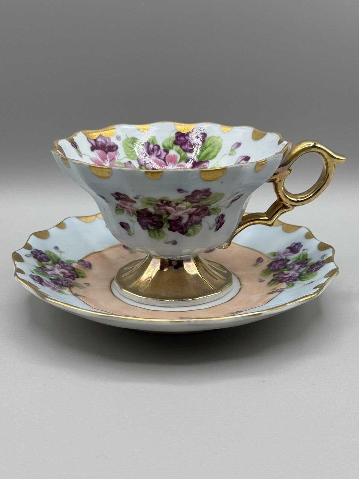 Vtg Lefton Footed Tea Cup Saucer #801 Elegant Violet Blue Peach Floral Gold Trim