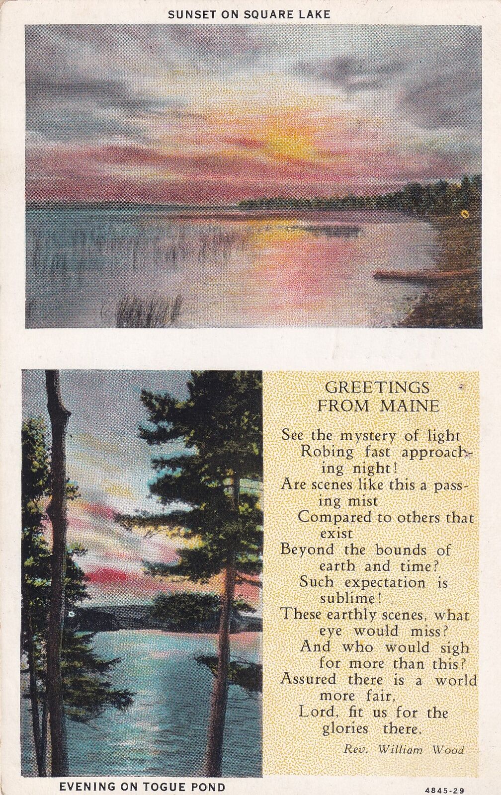 Maine ME Sunset on Square Lake Evening on Togue Pond Poem 1930 Postcard C24
