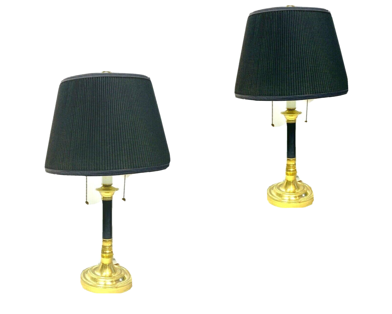 Vintage 50s 60s Pair Candlestick Bouillotte Lamps Black Gold Library 2-Light HTF