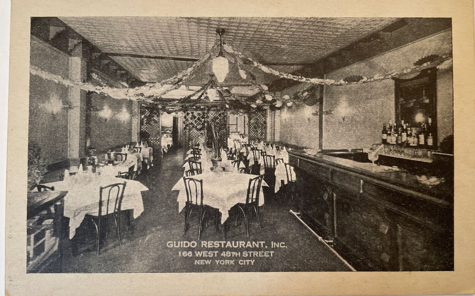 GUIDO RESTAURANT INTERIOR ADVERTISING REAL PHOTO RPPC WEST 48TH ST.NYC