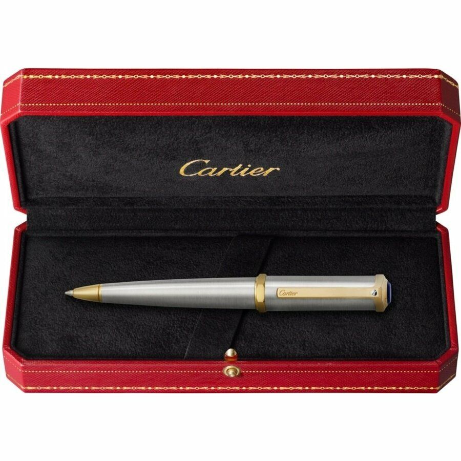 CARTIER Santos Dumont Ballpoint Pen Silver Palladium Finish Gold 134mm w/Box 