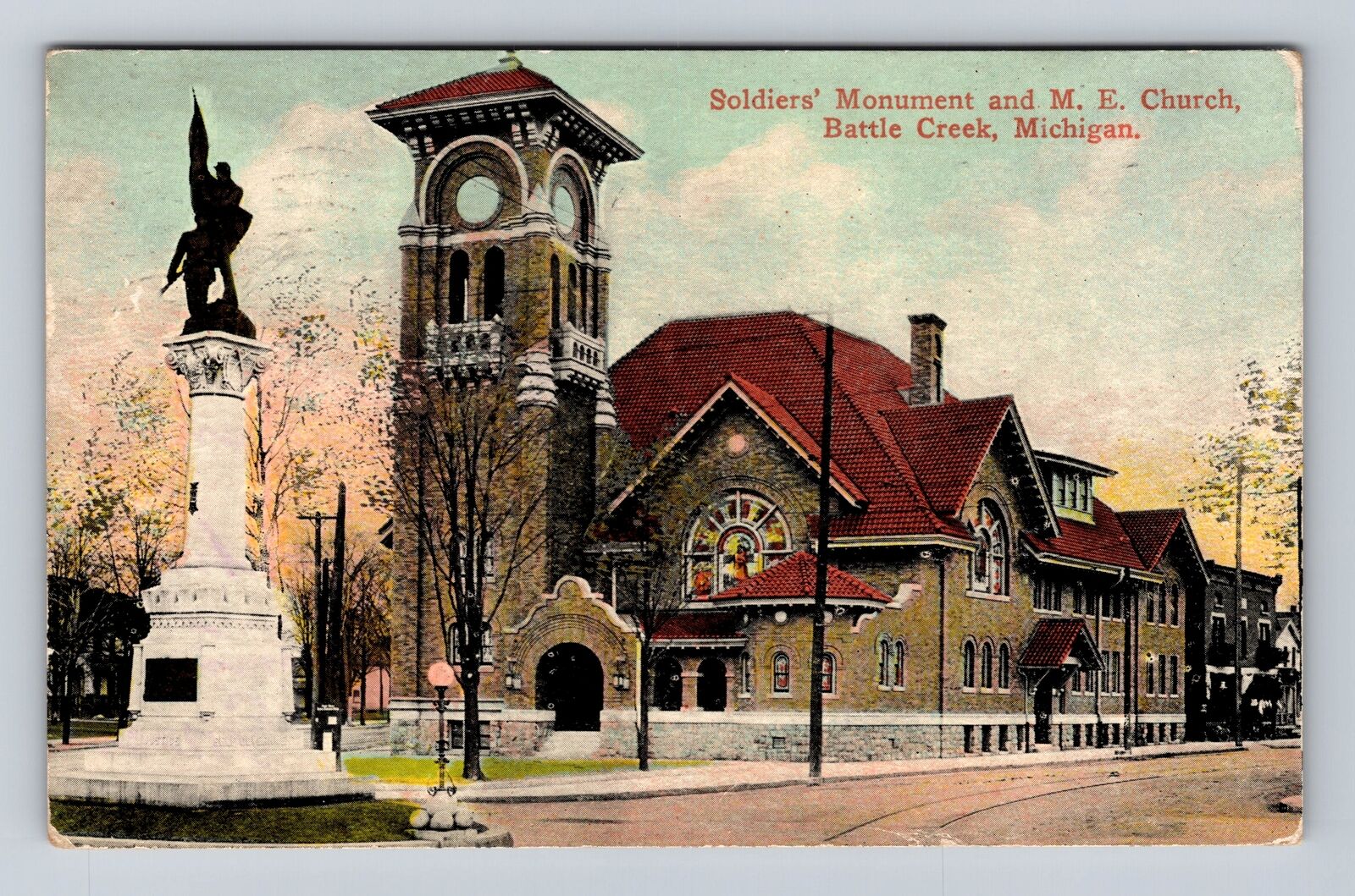 Battle Creek MI-Michigan, Soldiers Monument ME Church, Vintage c1910 Postcard