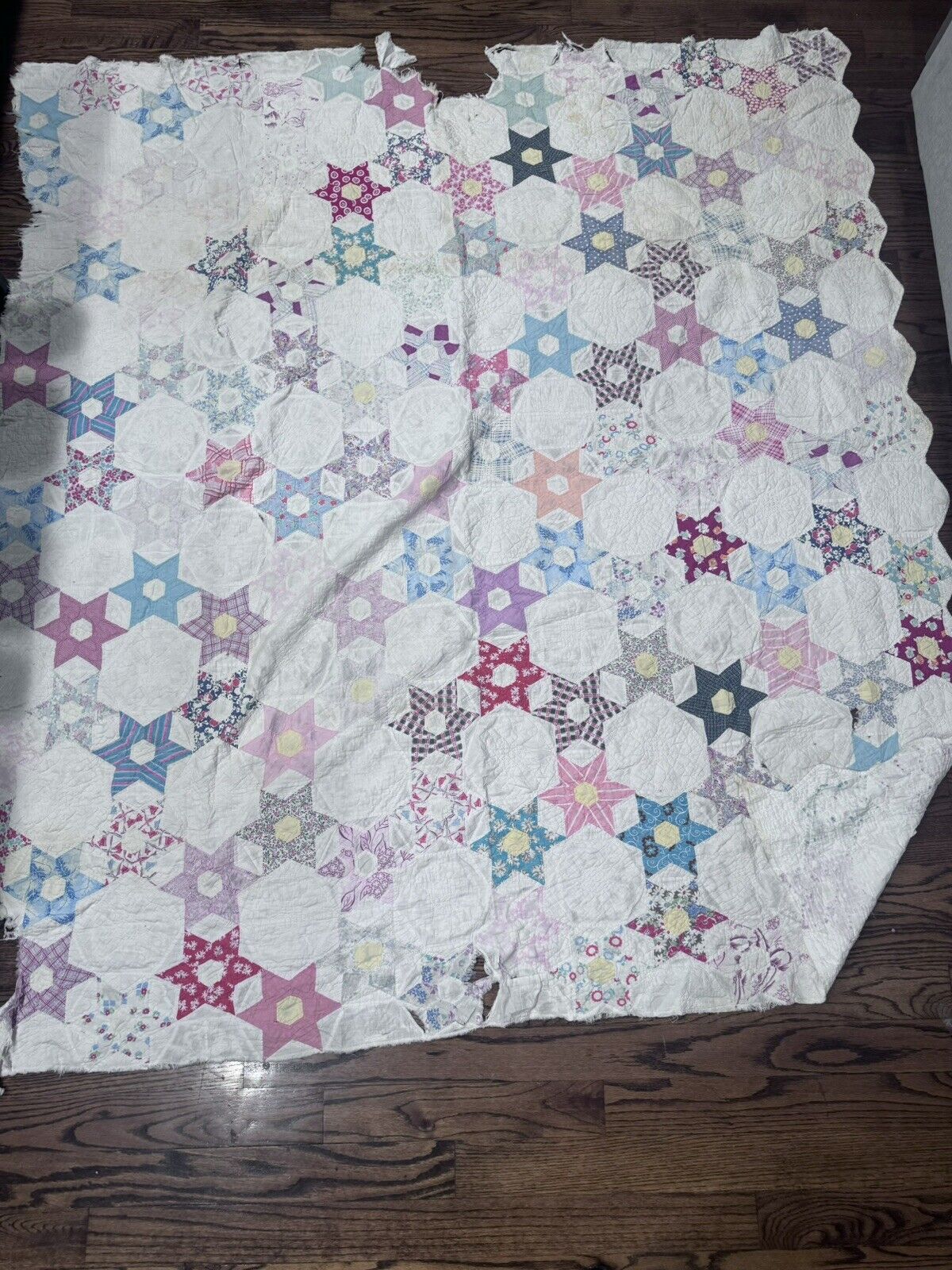 Vintage Six Point Star Pattern cutter quilt 72x79 for primitive crafts Hand Sewn