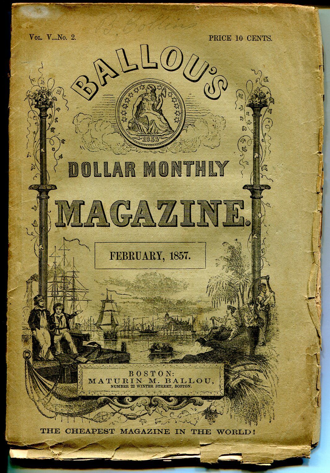 Ballou\'s Dollar Monthly Magazine 2/1857-pulp format-pre Civil War-rare-G