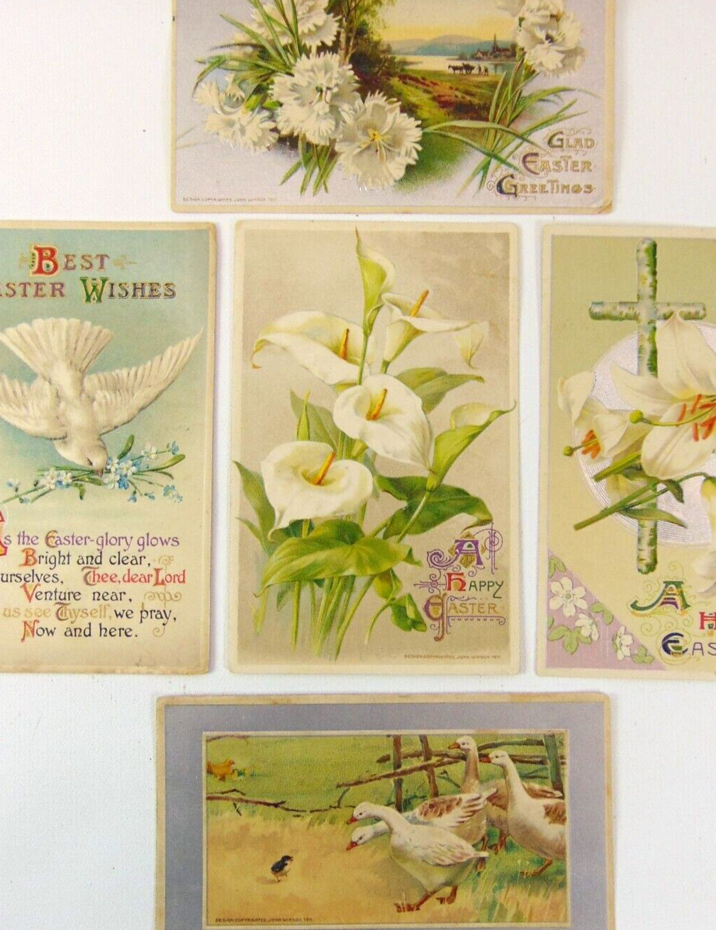 Lot of 5 Antique John Winsch Postcards ~ Easter Greetings ~ Doves & Flowers