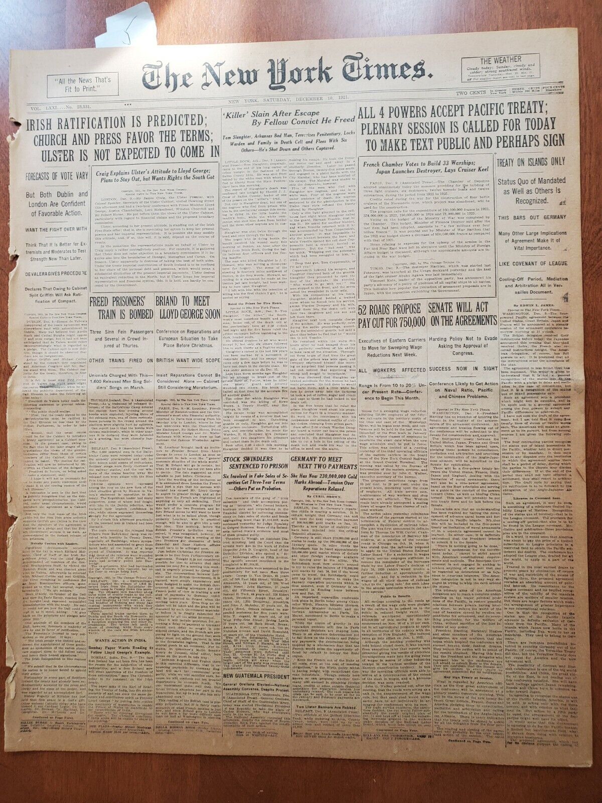 1921 DECEMBER 10 NEW YORK TIMES - ALL 4 POWERS ACCEPT PACIFIC TREATY - NT 8038