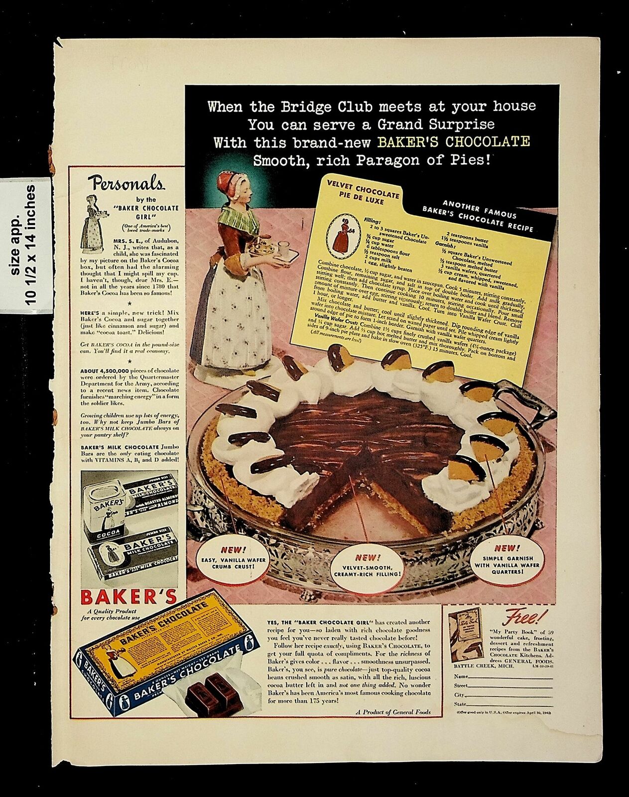 1941 Baker\'s Chocolate Pie Recipe Vintage Print Ad 18097