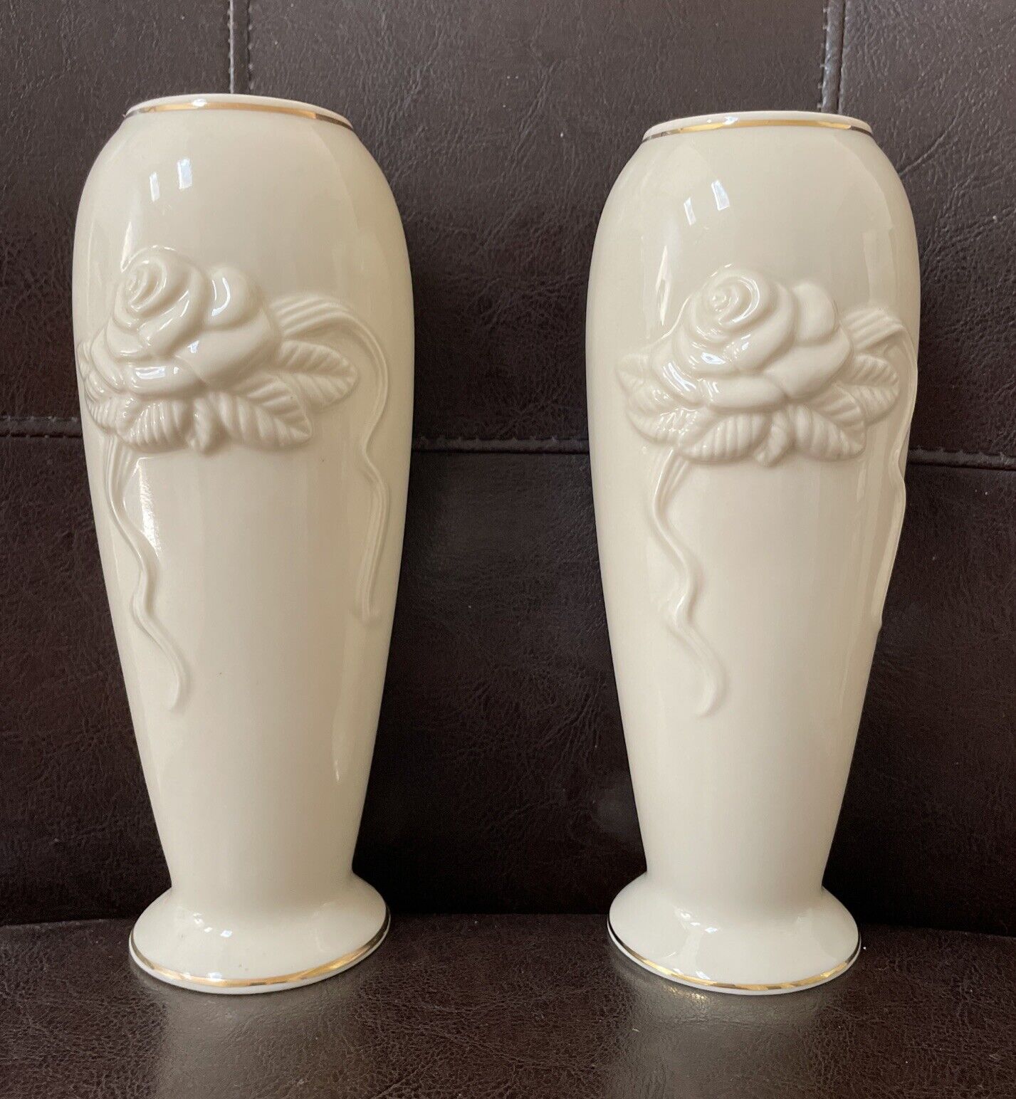 Set of 2 Lenox Rose Bud 24K Gold Trim Vases 7 1/2” Thailand