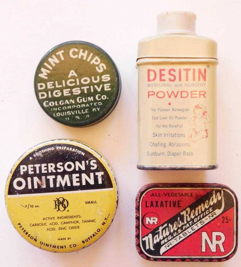 4 Misc. Vintage Tins: Desitin  Digestive Gum Laxative Ointment Tray25